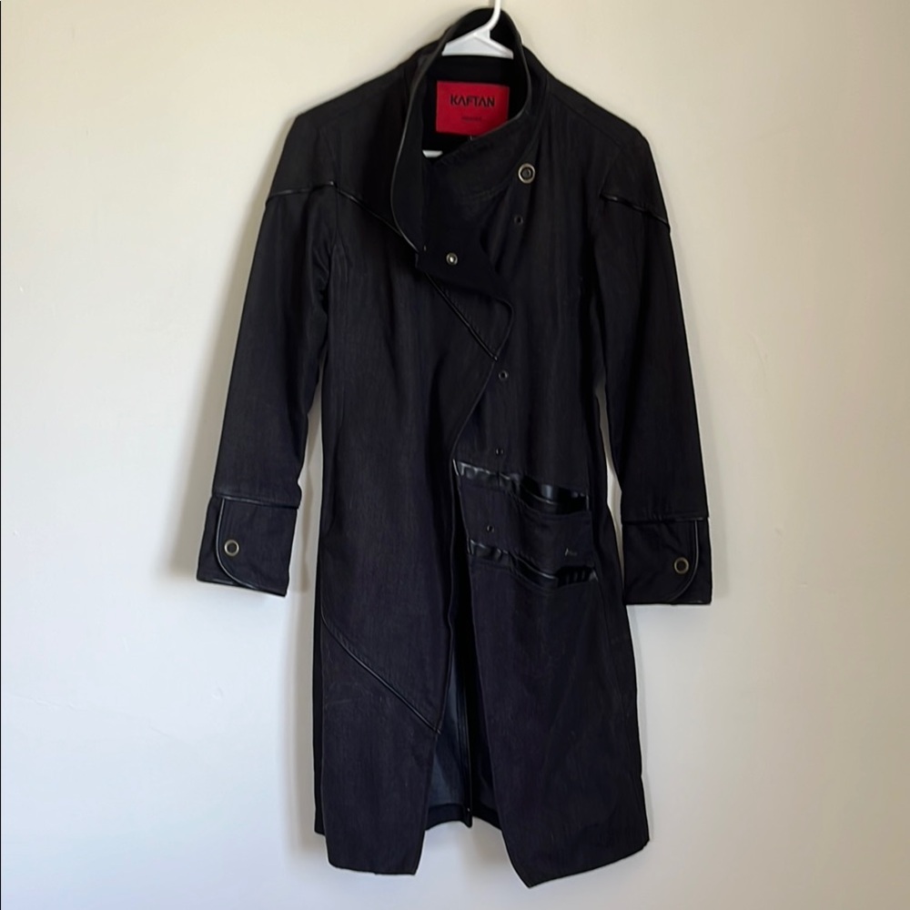 Kaftan Denim Black Trench Coat with Leather Detailing Size Small